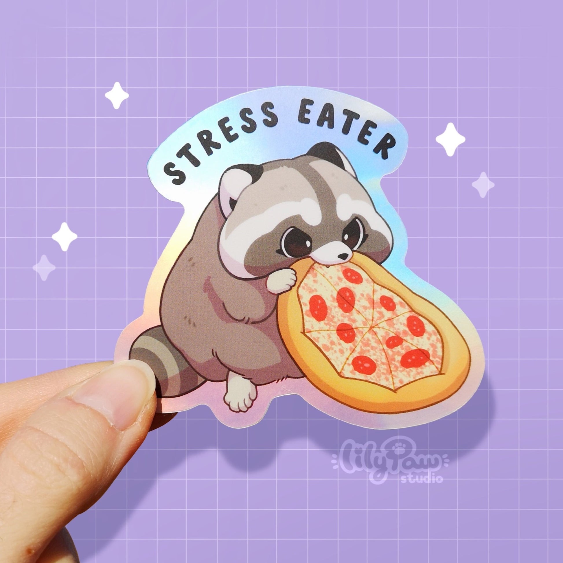 Stress Eater Raccoon - Matte Holographic Vinyl Sticker – lilypawstudio