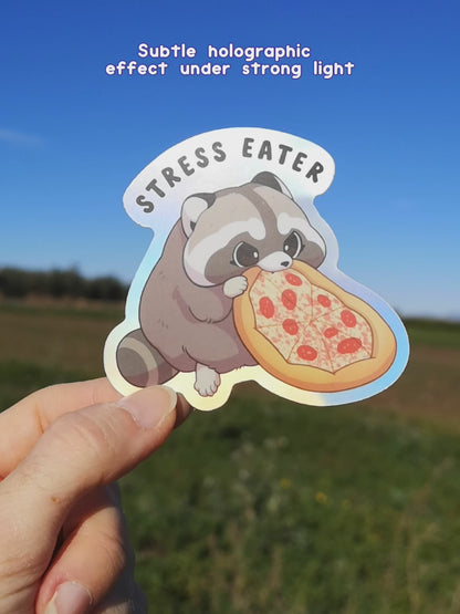 Stress Eater Raccoon - Matte Holographic Vinyl Sticker